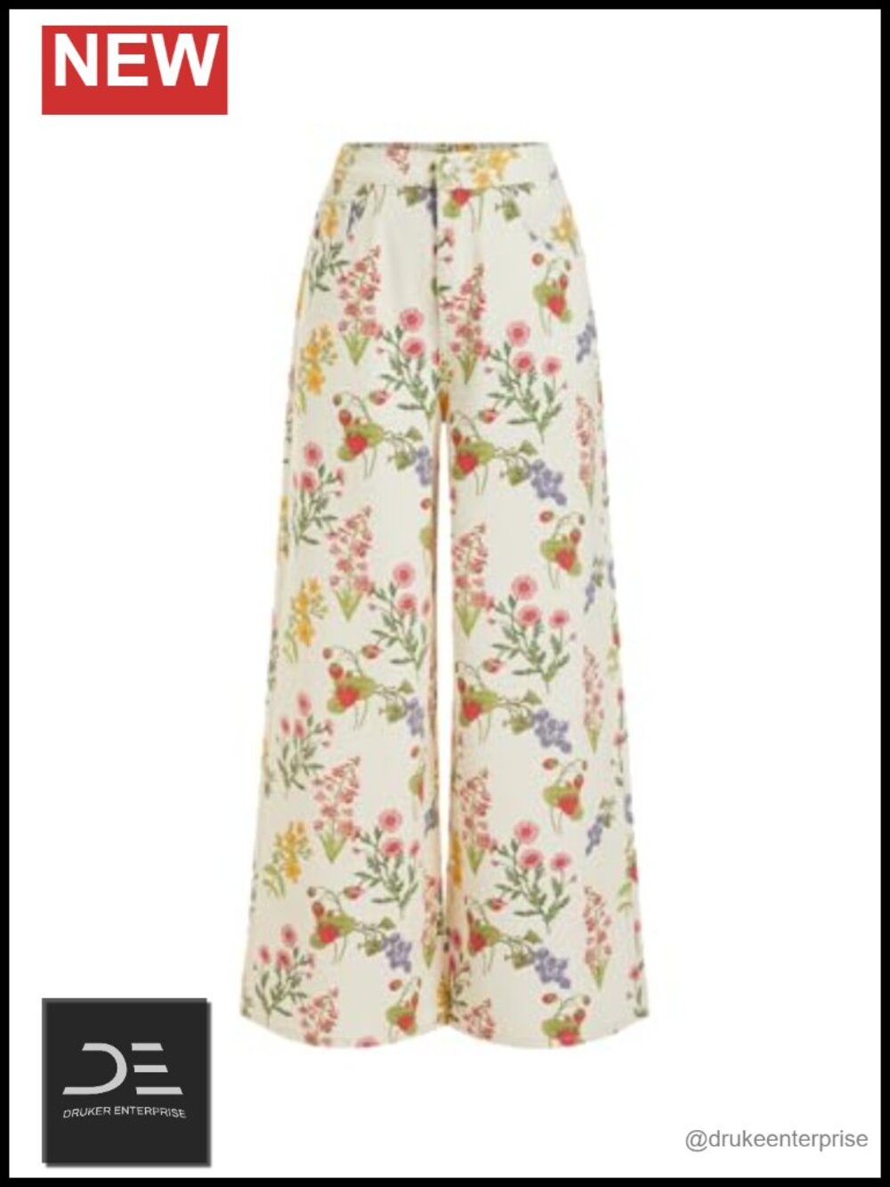 Floral Stitched Wide Leg Jeans Baggy Elastic Waist Denim
